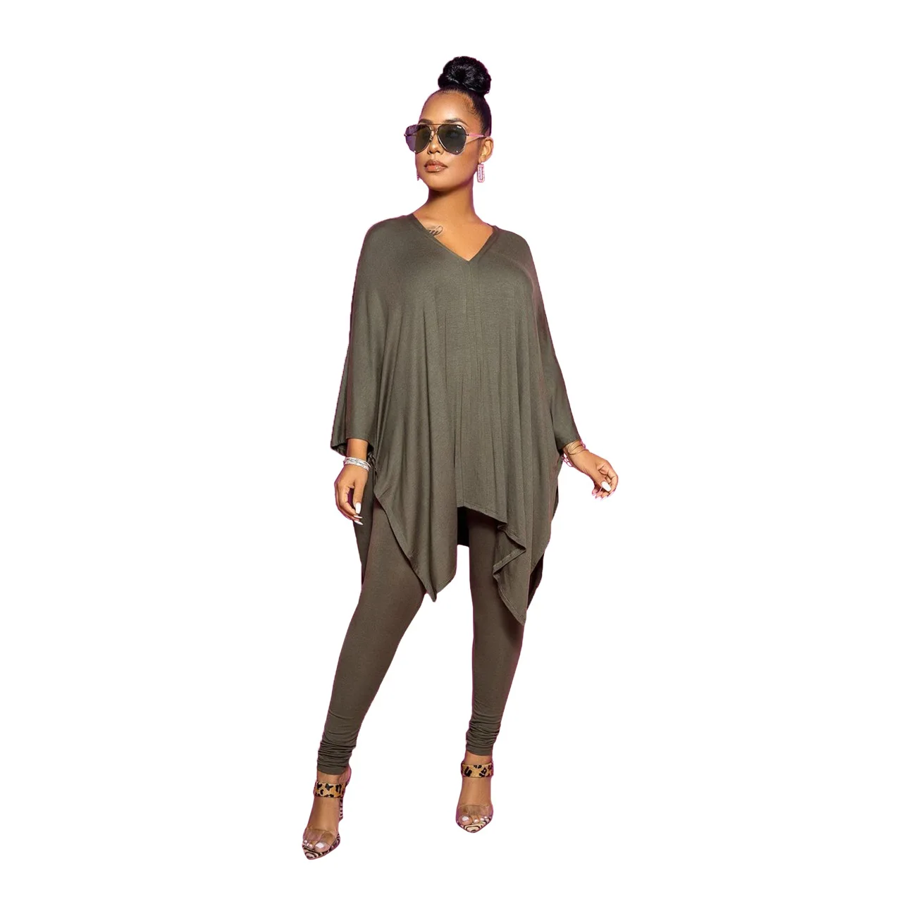 

Solid Color Strapless Slit V Neck Long Sleeve Plus Size Polyester Two Piece Suit For Women, As picture