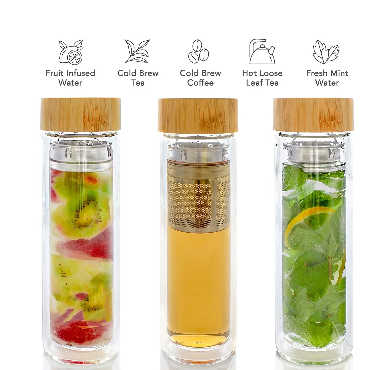 

Bamboo Lid Double Wall Thermos Glass Tea Bottle with Stainless Steel Long Infuser 400ml, Clear transparent