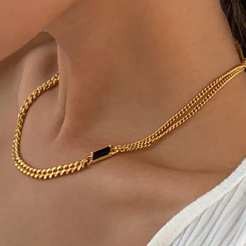 

factory wholesale 18k Gold Plated PVD Chunky Black Stone Cuban Chain Stainless Steel Necklace Trendy Jewelry Wholesale, Rose gold