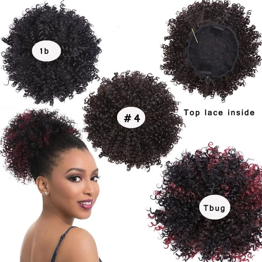 

8inch Afro Puff Curly Synthetic Hair Chignon With Two Plastic Combs, Short Flower Curly Hair Clips Bun, #2 #4 1b #27-#30 #2-99j #2-33 #613 purple #27-613