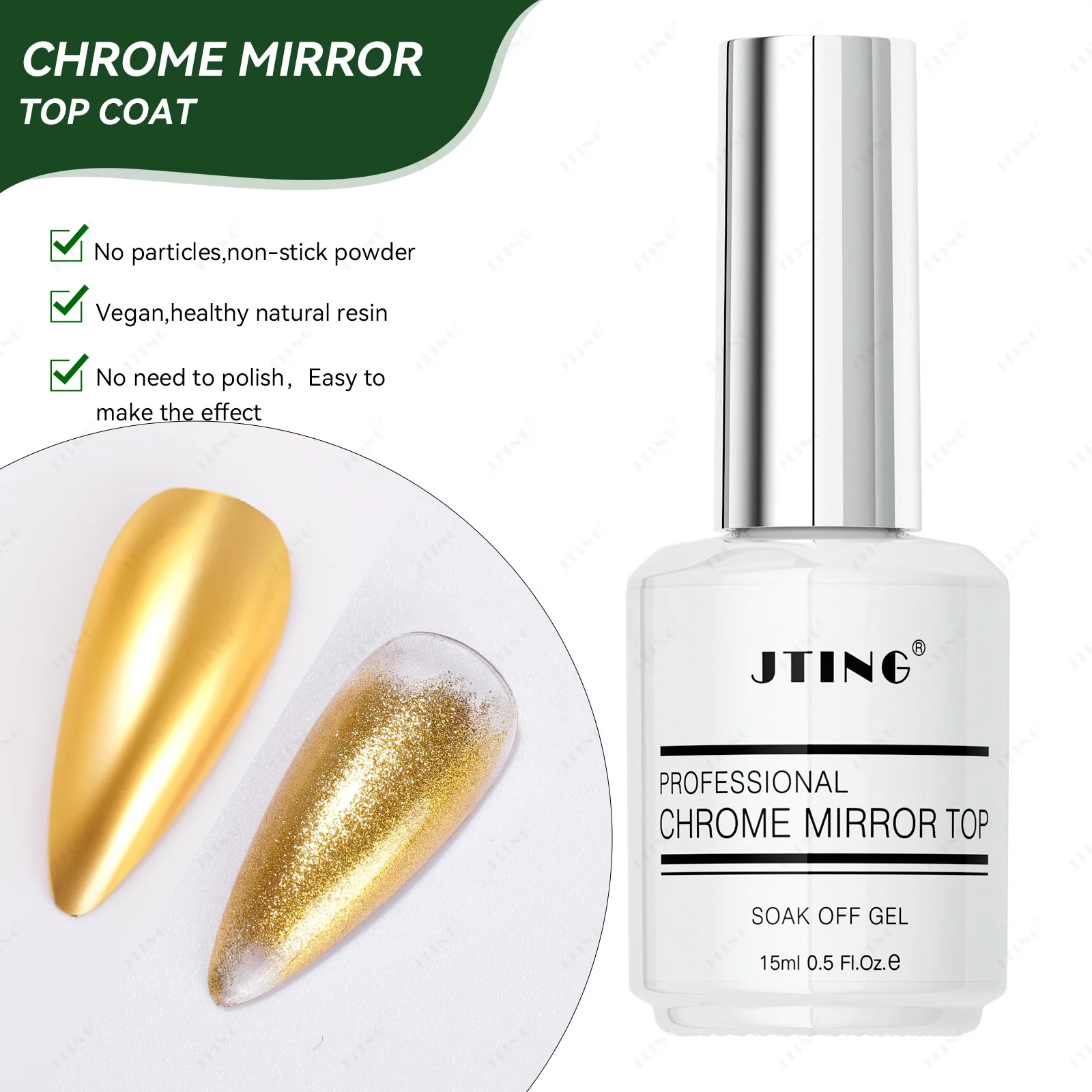 

JTING No particles non sticker powder Chrome magic mirror powder top coat gel polish OEM Customize bottles Chrome topcoat