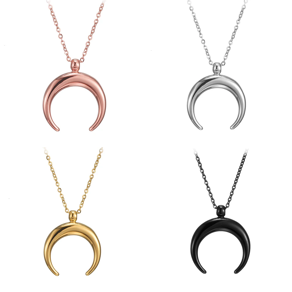 

Women gold plated Curved stainless steel moon horn Pendant necklace, Gold, steel, rose gold, black