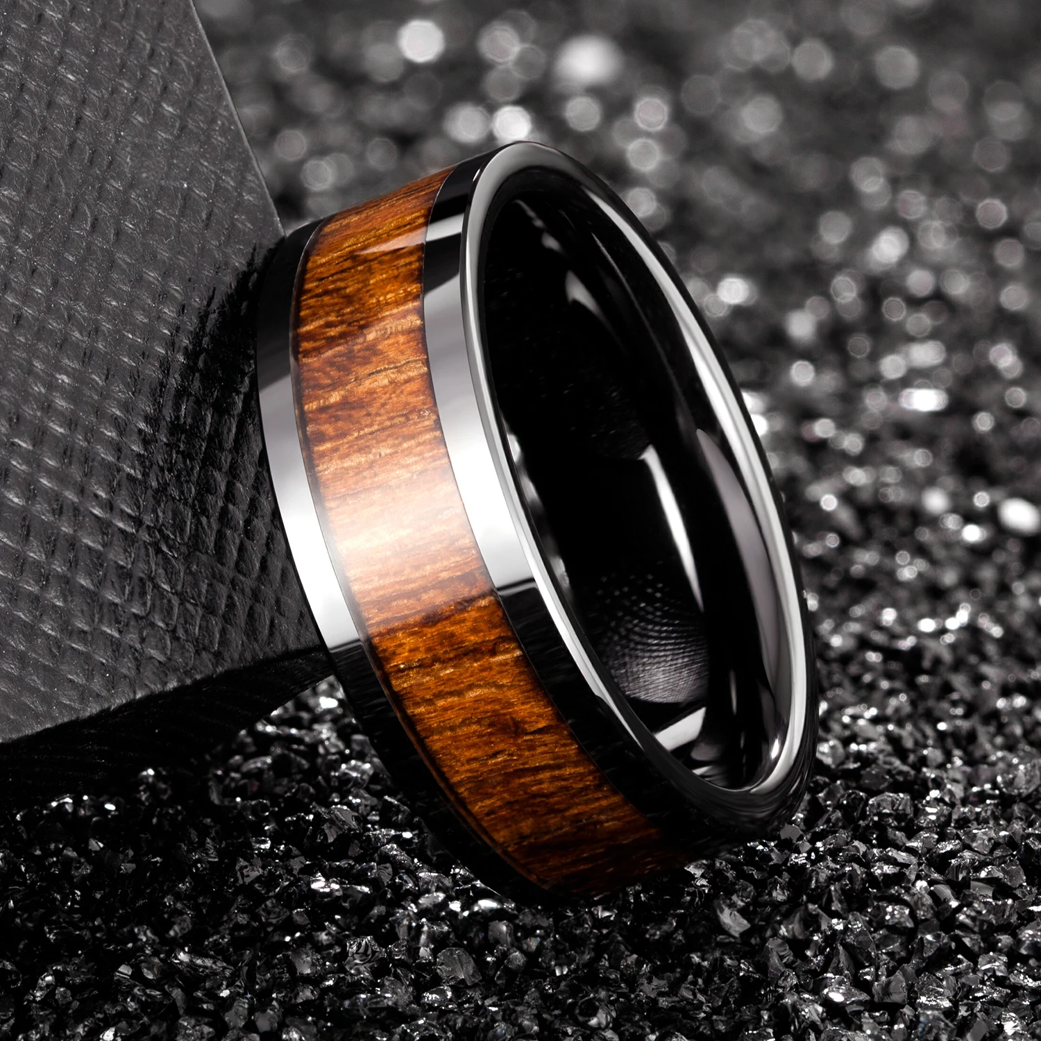 9mm Big Ring Black Ceramic Tungsten Wood Ring Mens Wedding Bands For