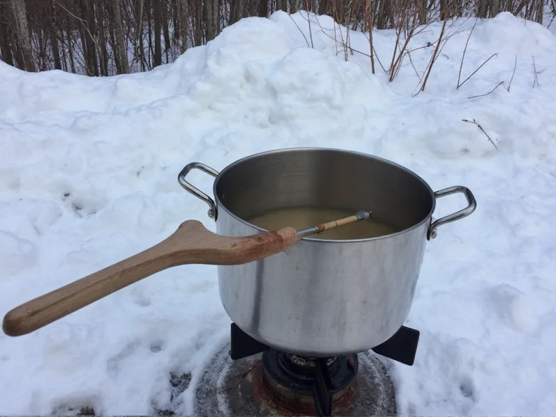 Stainless steel pot boiling maple sap outdoors on propane burner