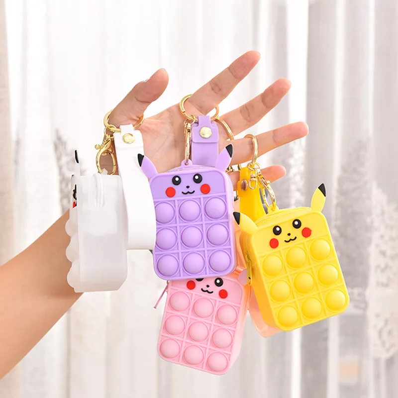 

small llaveros popit bubble pikachu keychain coin purse kids silicon cartoon poppings fidgets pop it pikachu purse with key ring, Red/green/brown/white