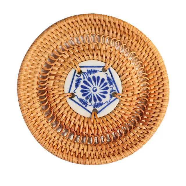 

New All Hand Knitting Reusable Table Wicker Round Rattan Bamboo Wood Rattan Cup Mat, Light yellow