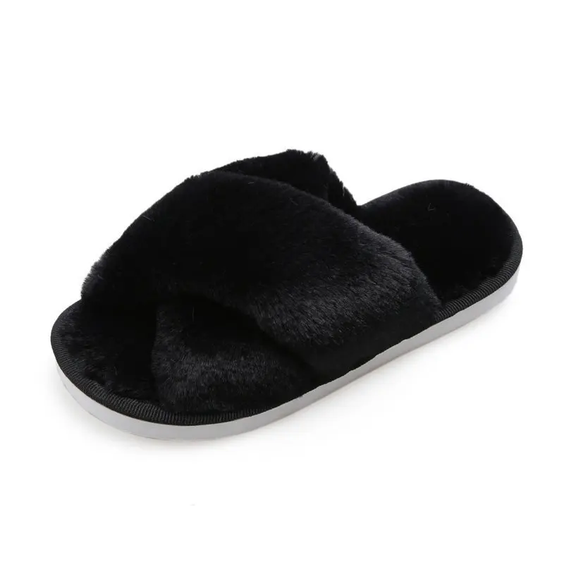 

Winter Women House Slippers Faux Fur Fashion Warm Shoes Black Pink Cozy Home Furry Slippers Woman Slip On Flats Female Slides, Black brown grey pink