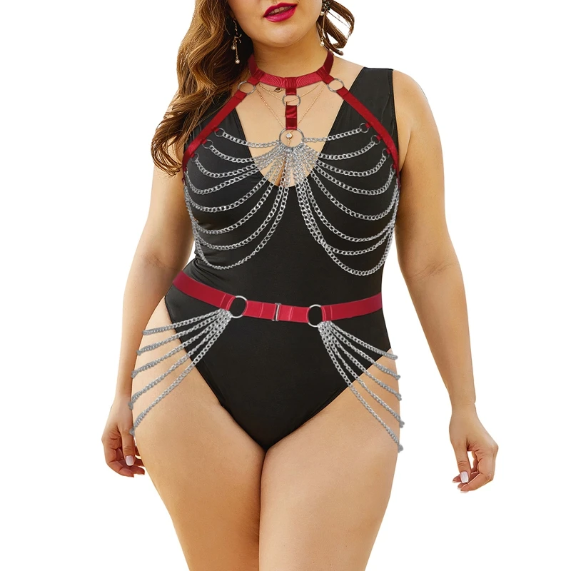 

Plus Size Women 2PCS Sexy Lingerie Women Single Leg Ring Body Chain Set Costumes Adjust Present Party Night Wearing, Picture shows