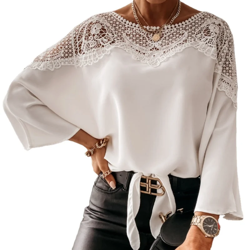 

Spring Vintage Lace Shirt for Women 2021 New Style Wholesale Clothes Fashionable Crop Tops Office Ladies Wear White Blouse Women