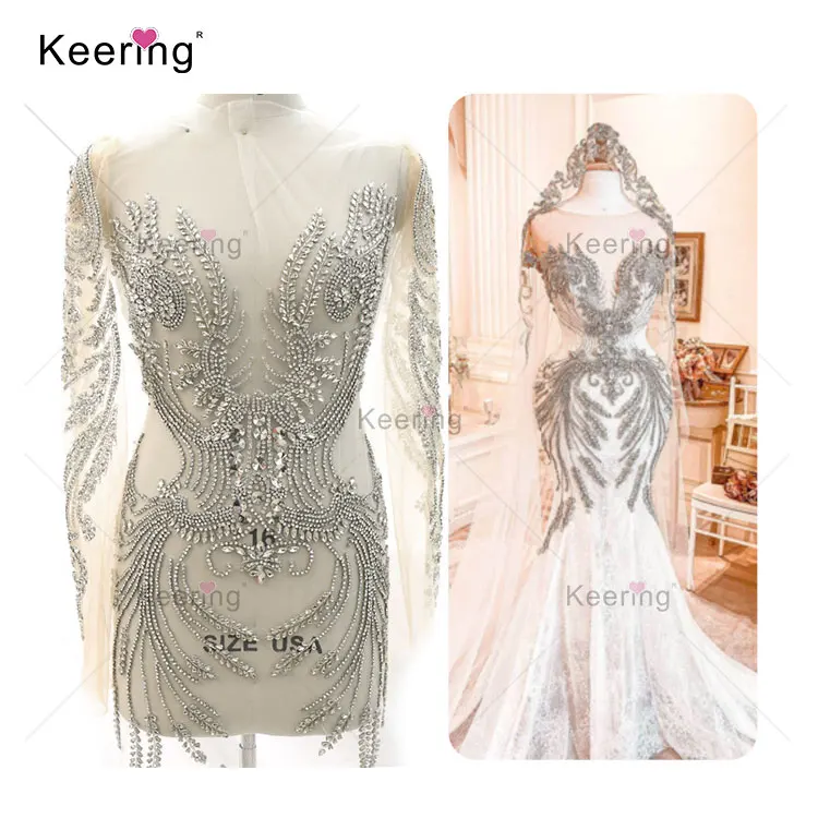 

Shine glass diamond full bridal panel rhinestone appliques for wedding dress With long sleeves WDP-369, Silver with nude mesh,other colors should check with me