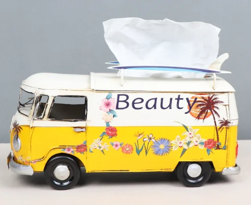 

Tissue box Vintage Beach Bus Miniatures With Skateboard Home Decor Craft For Kids Gift Iron Retro Metal Bus Model