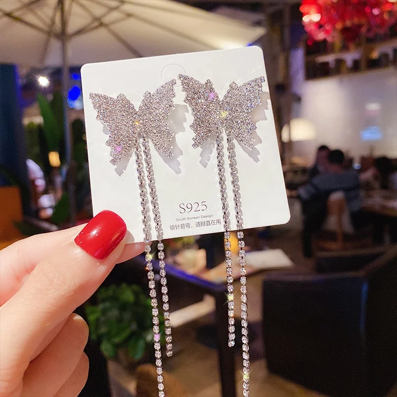 

New Arrival S925 Silver Needle Pearl Earrings Temperament Long Tassel Earrings Colorful Butterfly Earrings, Gold silver rosegold