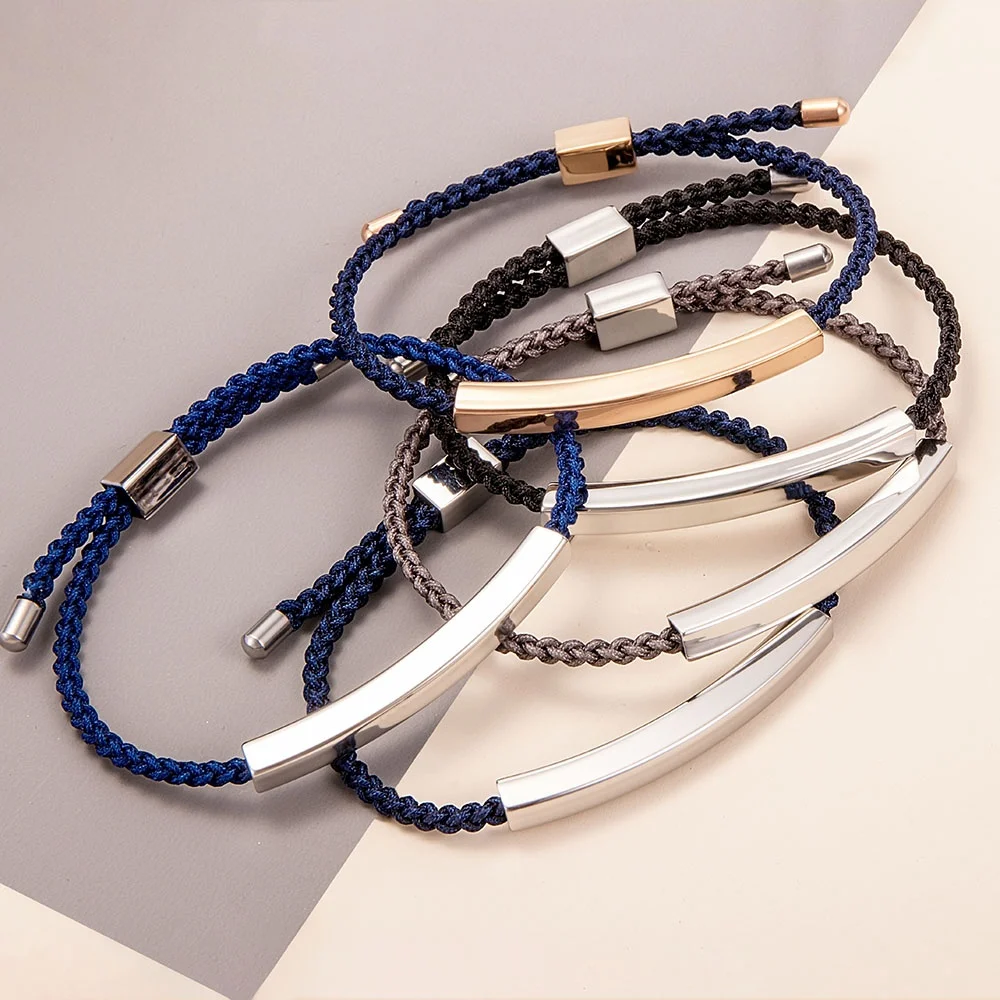 

Cord Gold Plated Bracelets Stainless Steel Rope Women Bar Engravable Custom Jewelry Adjustable Braided Bracelet