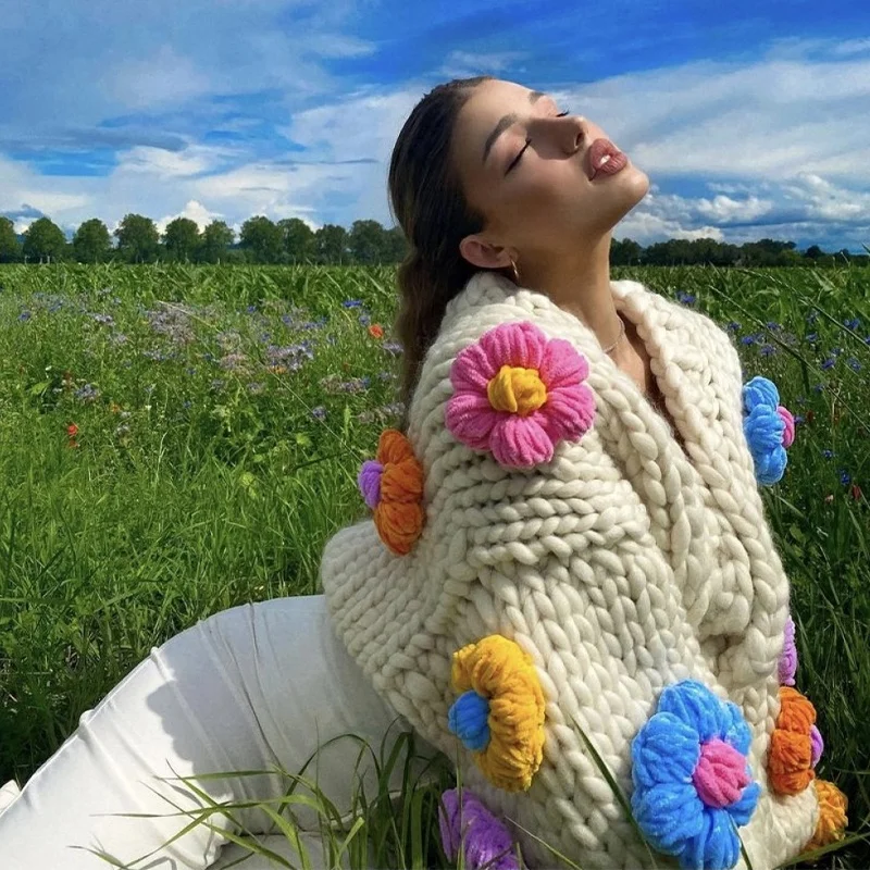 

Luxury Designer Handmade Crochet Oversized Flower Cloud Drop Shoulder Crop Tops Women Cardigan acrylic baggy hand sweater autumn, Pink red