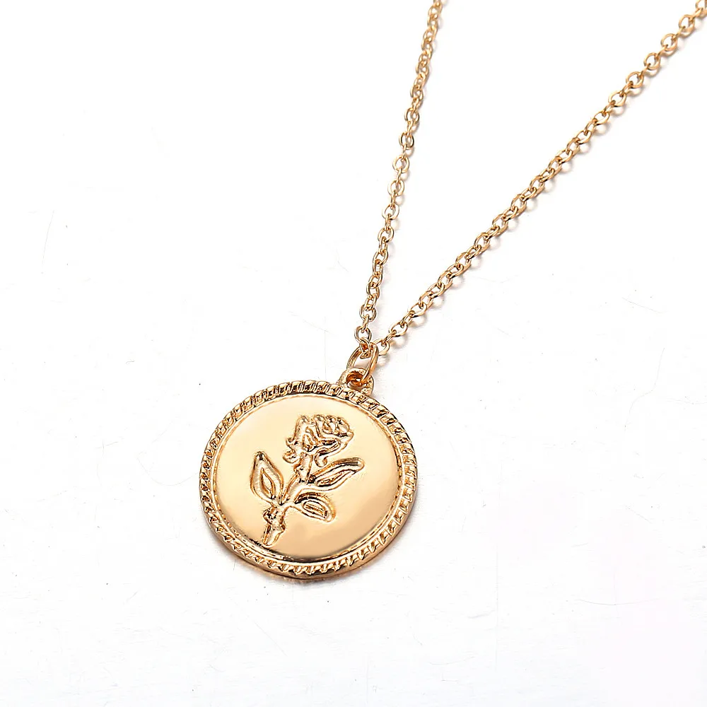 

YD Jewelry Fashion gold Rose Flower Charm Pendant necklace, valentine's day rose flower coin pendant necklace For Women gift