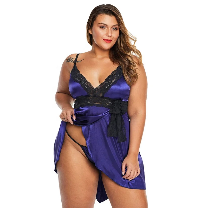 

Plus Size Sexy Black Lace Satin Sleepwear Nightdress Robe Lingerie Sets