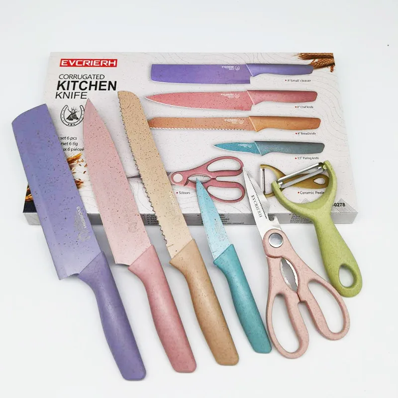 

6 pcs/set Macarons Colorful Wheat Straw Kitchen Knife Non-Stick Coating Kitchen Knife Set For Gift