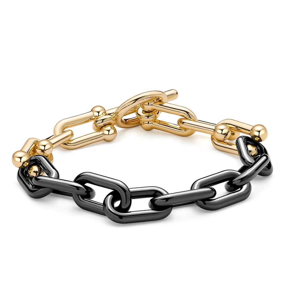 

Fine Jewelry Custom 14K Gold Plated 925 Silver Jewelry Horseshoe U Shape Chain Ceramic Bracelet For Men Women