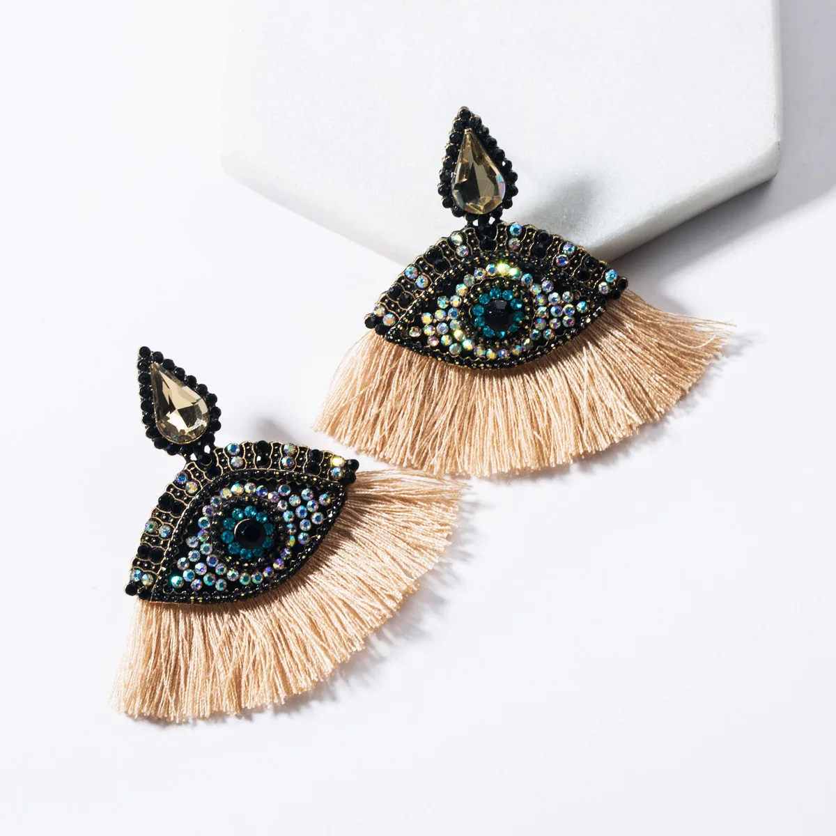 

Mgirlshe Acrylic diamonds Trendy Tassel Evil Eye Drop Earrings For Women Vintage Statement Crystal Dangle Rhinestone Earring, Custom color