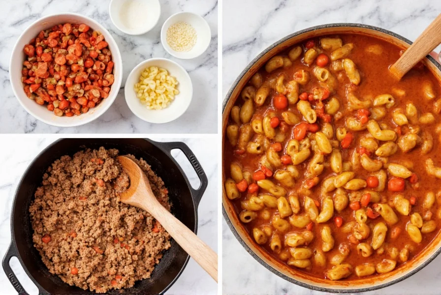 Step-by-step preparation of homemade chili mac with ground beef, tomatoes, and elbow macaroni in a cast iron pot