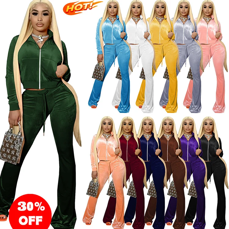 

Vendors Wholesale Clothing New Arrival 2021 Velvet Crop Top Zipper Club Women Velour Two Piece Set