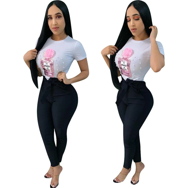 

E91428 2020 women fashion clothing tops women printing logo fashion solid color T shirt short sleeve bodycon casual women shirt