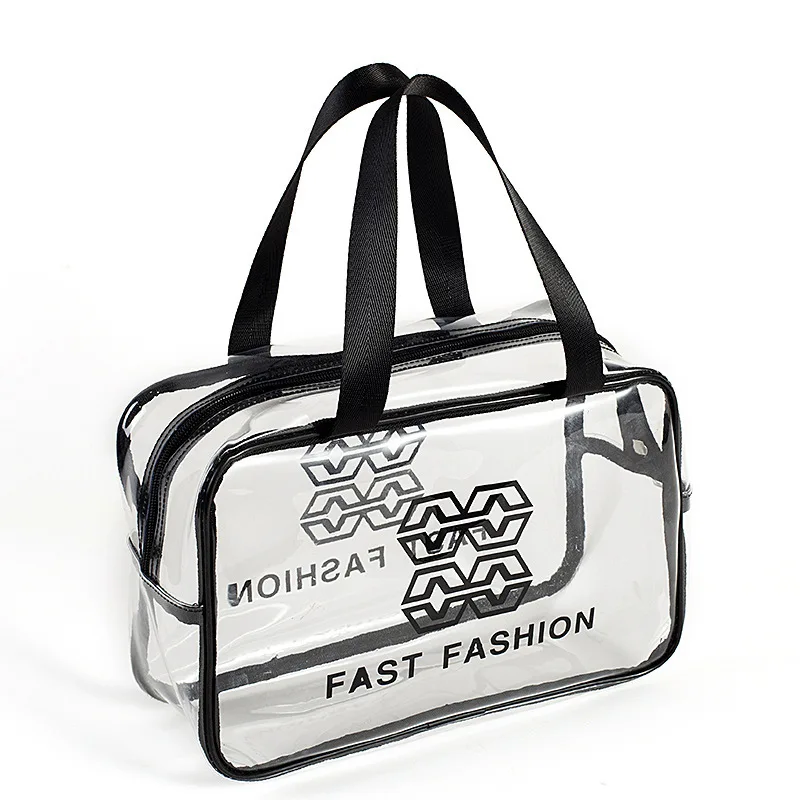 

Wholesale PVC waterproof fashion tote zipper transparent clear travel cosmetic storage bag with handle, White, gray