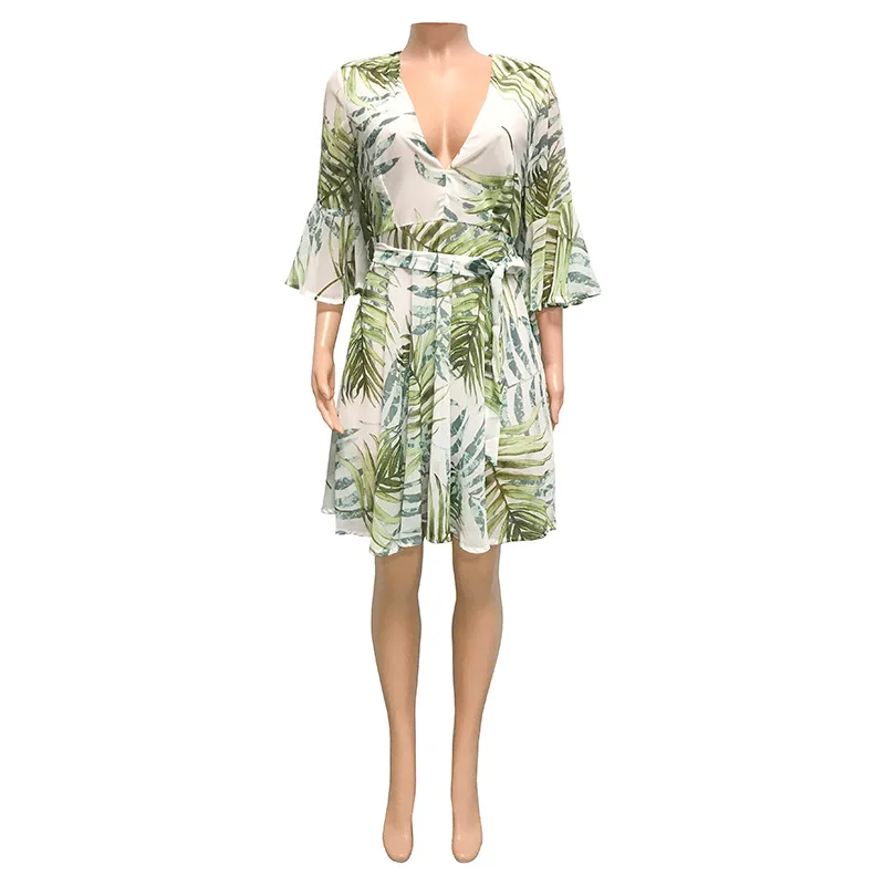 

2020 spring and summer women chiffon floral print sexy flare sleeve dress