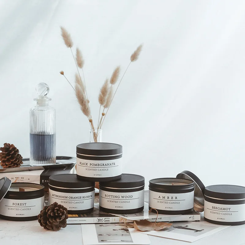 
wood wick modern black candle tin favorable price wholesale manufacture soy palm wax scented 