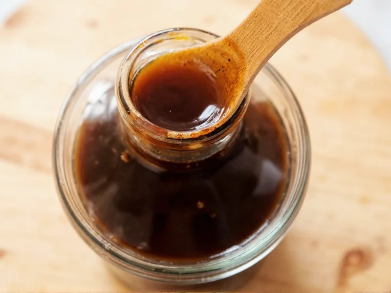 Homemade soy sauce in glass bottle with wooden spoon