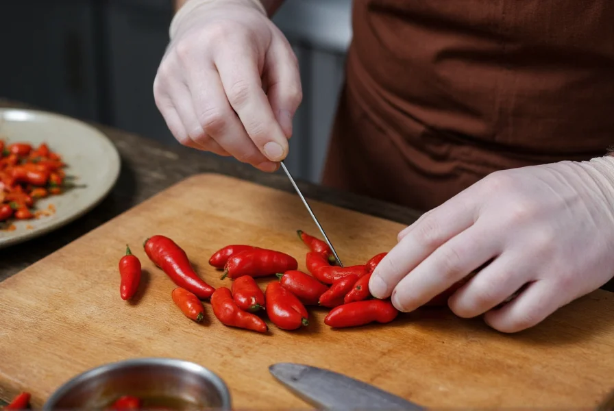 Chef wearing protective gloves carefully handling Armageddon pepper with specialized tools for safe preparation