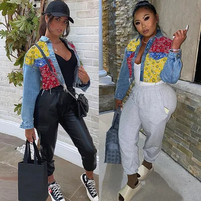 

2021 New arrival Trendy women Coat Long Sleeve Denim Jackets coat Bandana Crop Jeans Jacket for ladies