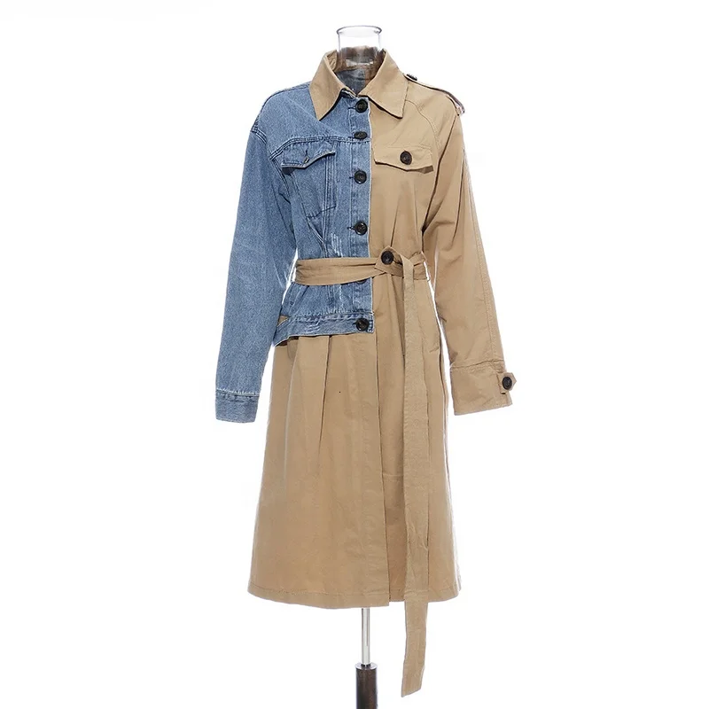 

TWOTWINSTYLE Denim Hit Color Patchwork Long Sleeve High Waist Lace Up Female trench coat fashion