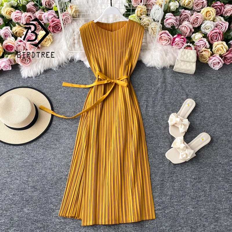 

Summer Women's Korean Style Solid Pleated Dresses A-line With Sashes Elegant Sleeveless O-Neck OL Midi Dress D13416X