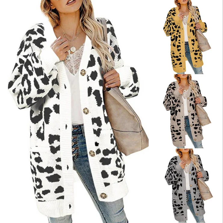 

Women's Knit Sweater Mid-Length Lantern Sleeve Button Leopard Print Cardigan Sweater Plus Size Coat Outwear With Pocket Sueter, Solid