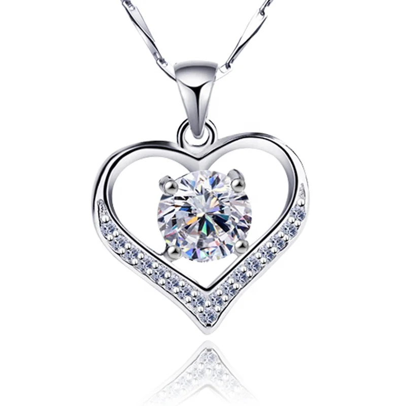 

New Shiny Zircon Crystal 925 Sterling Silver Women's Heart Pendant Necklaces For engagement Jewelry Gift