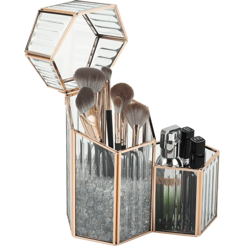 

Wholesale Luxury Custom Clear Glass Combination Brush Set Makeup Brush Holder With Cover Cosmetic Tools Pen Storage Box