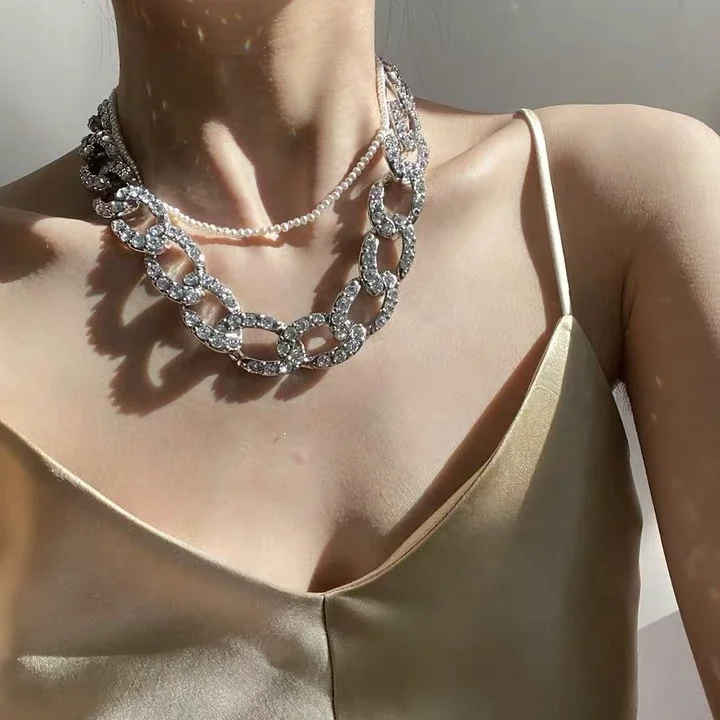 

Fashion full crystal plated diamond necklace set sliver chunky jewelry necklace