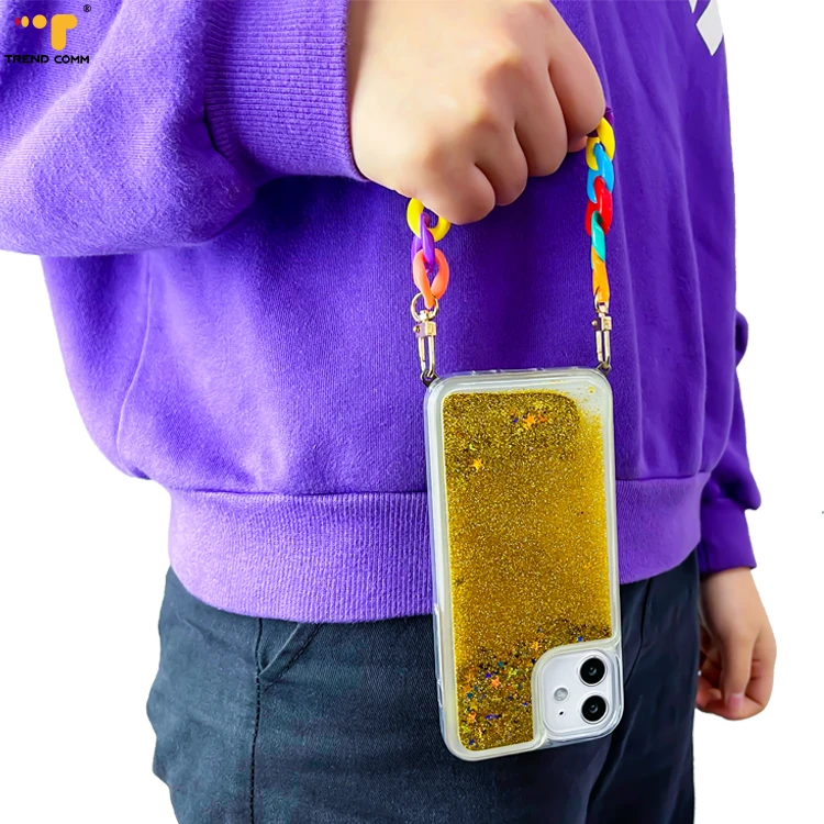 

Colorful Acrylic Detachable Phone Cord Bling Quicksand Mobile Phone Case Plastic Coque For iPhone 12