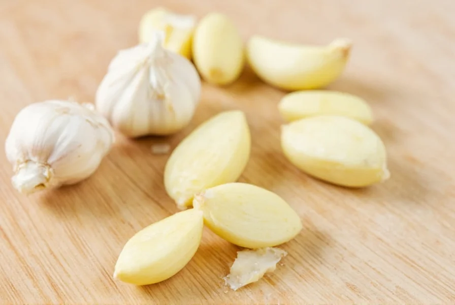 Two medium garlic cloves next to a teaspoon measurement showing minced garlic equivalent