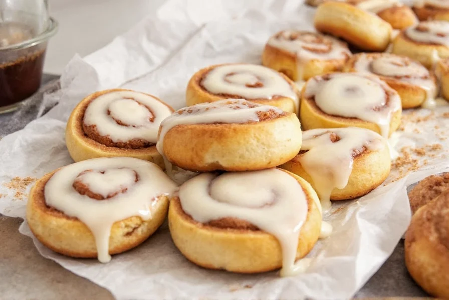 Step-by-step visual guide showing small batch cinnamon roll preparation with close-up of perfectly swirled mini rolls on baking sheet