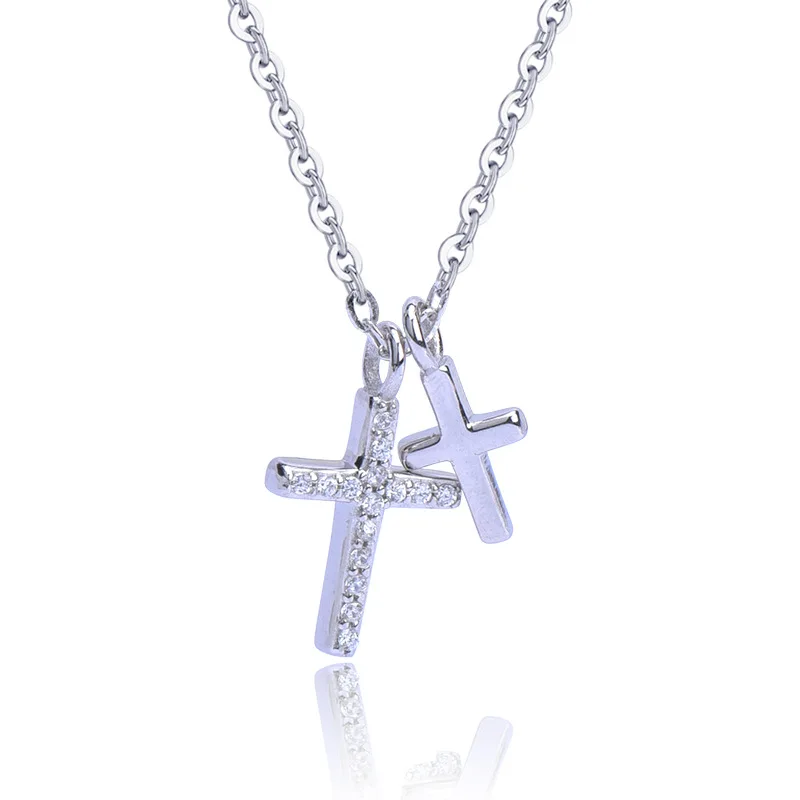 

Wholesale Christian Ornaments Jewelry 925 Sterling Silver CZ Zircon Double Cross Pendant Chain Necklace, Picture shows