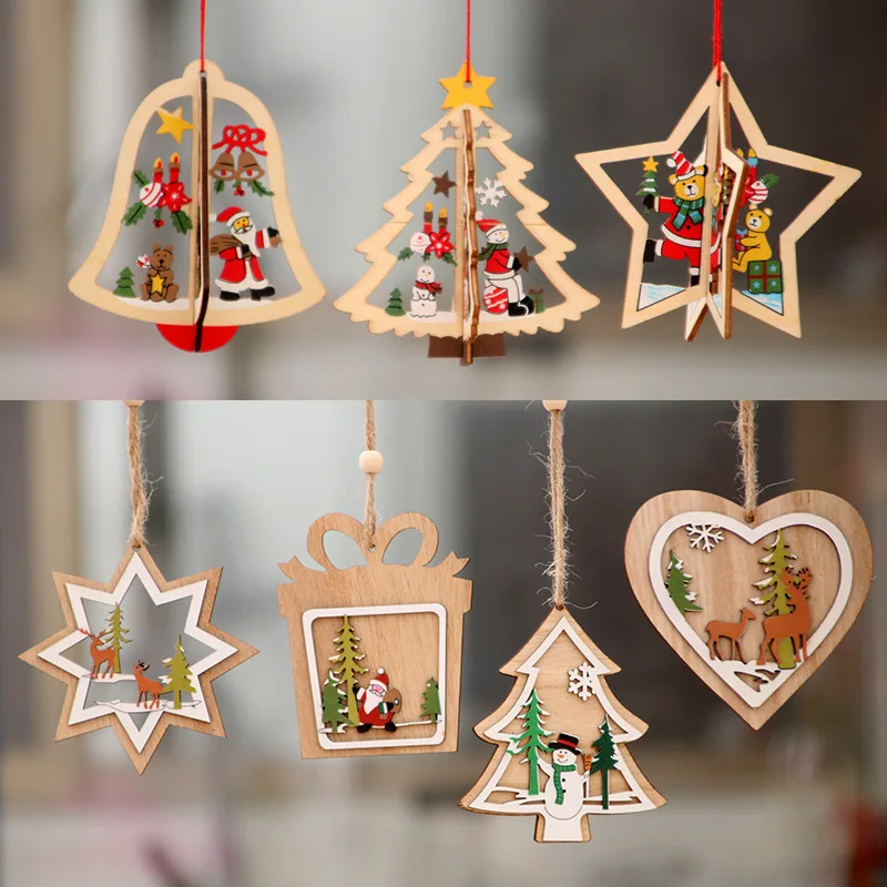 

Hot Selling Wooden Christmas Tree Decoration Hollow Out Christmas Pendant Wooden Ornaments