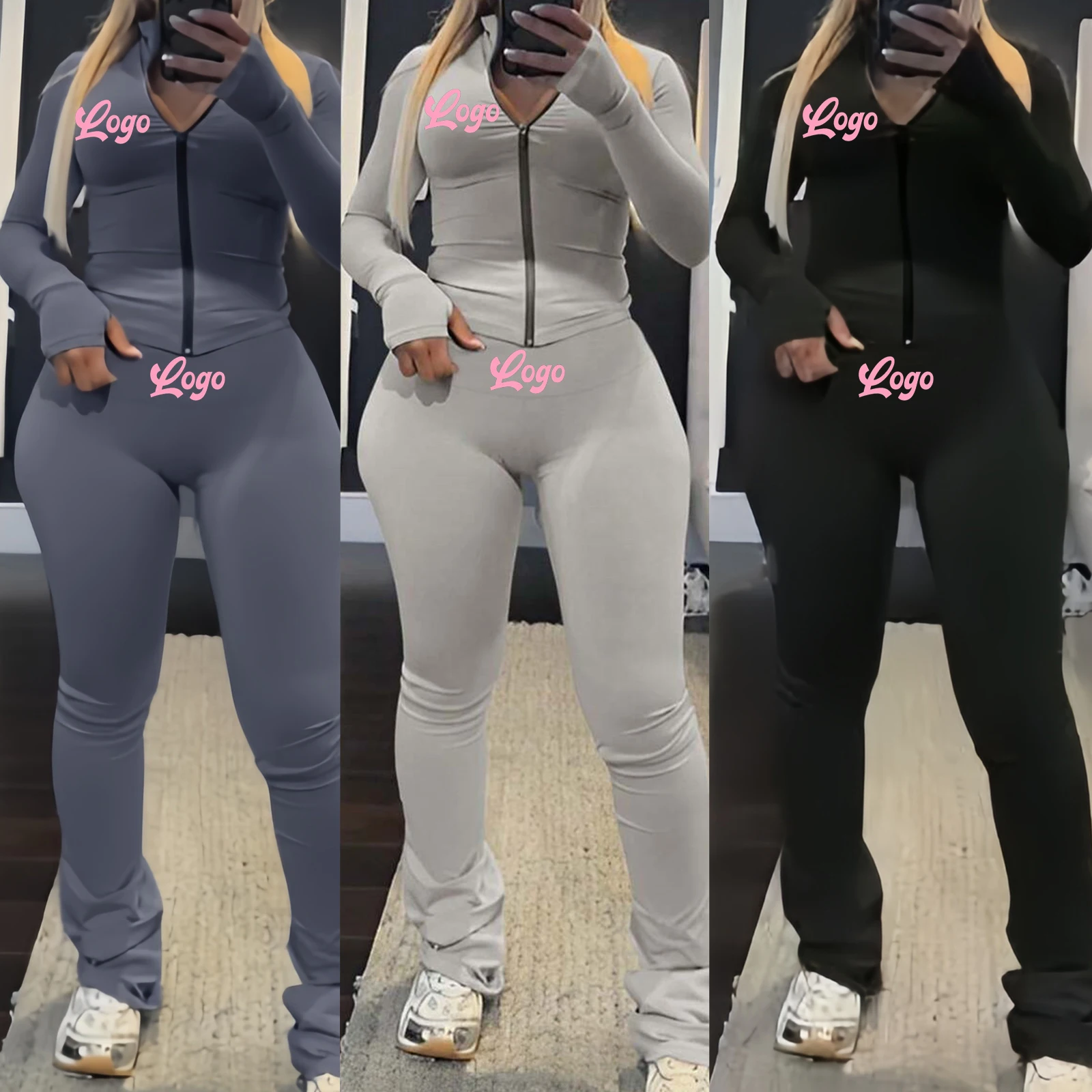 Spring Fall Sports Outfit Two Piece Zipper Jacket & Bodycon Trousers