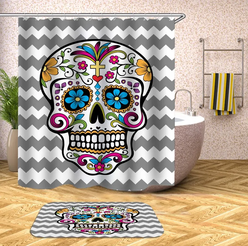 

Fashion printed bathroom waterproof luxury skull shower curtain and rug set