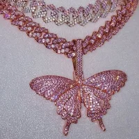 

rose gold pink diamond cuban link with butterfly necklace