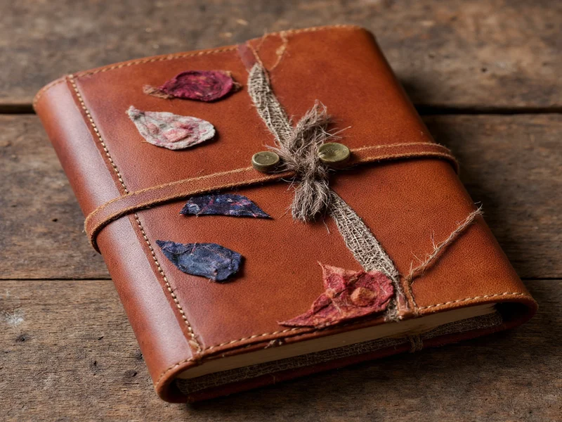 Hand-stitched leather journal with fabric scraps
