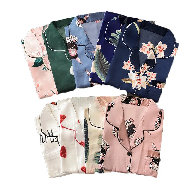 

New Hot Print Womens Satin Pajama Sets Long Sleeve Pyjama Sleepwear Homewear Silk Night Wear Robe, Picture shows