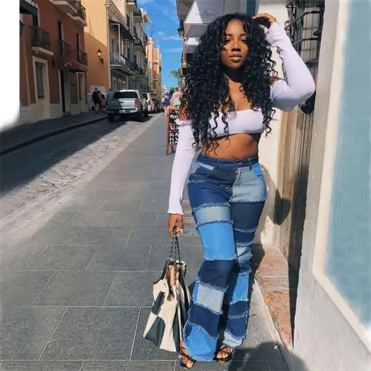 

M11796 Trendy fashion stitching high waist tight hip flared women denim trousers