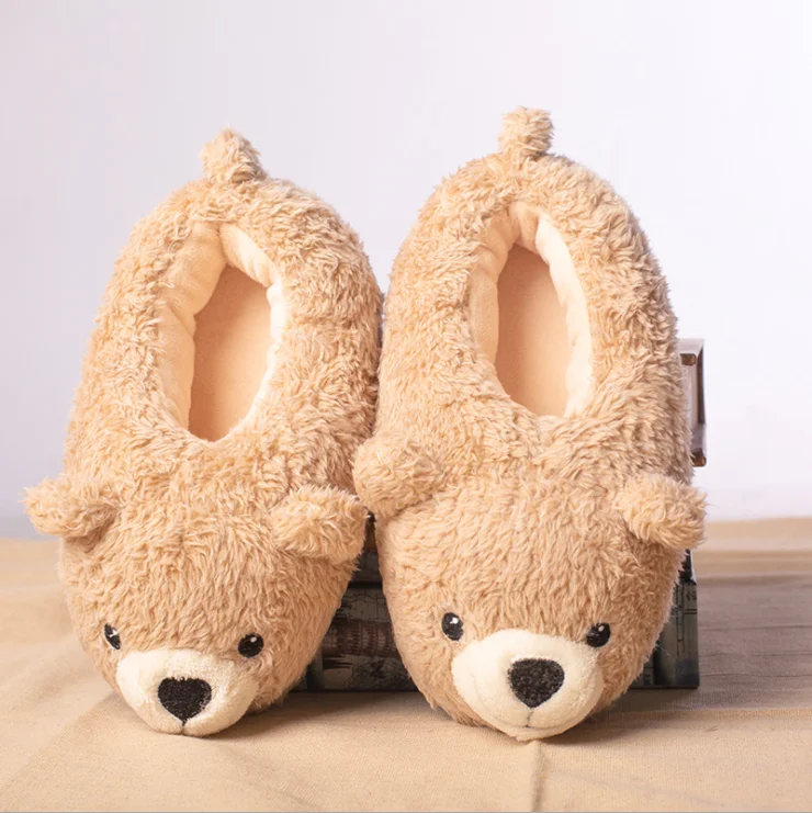 

cartoon plush bear cotton slippers female cute cute children shoes parent-child bear non-slip thick-soled plush shoe, Brown